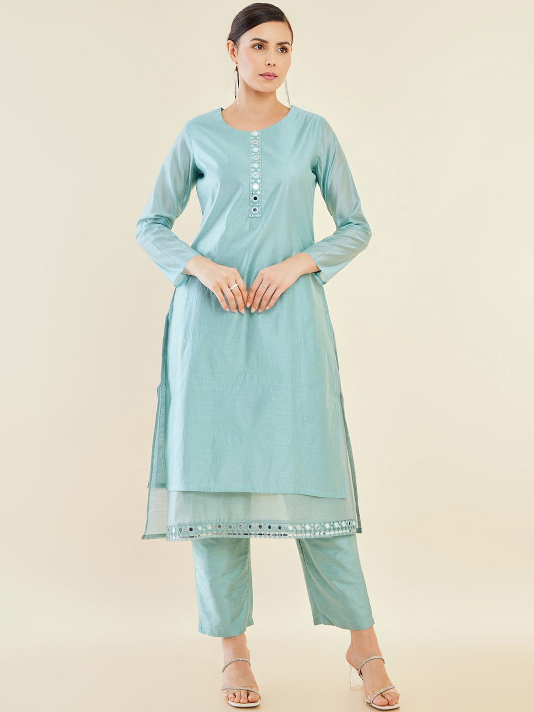 

Soch Women Embroidered Layered Mirror Work Straight Kurta With Trousers, Blue