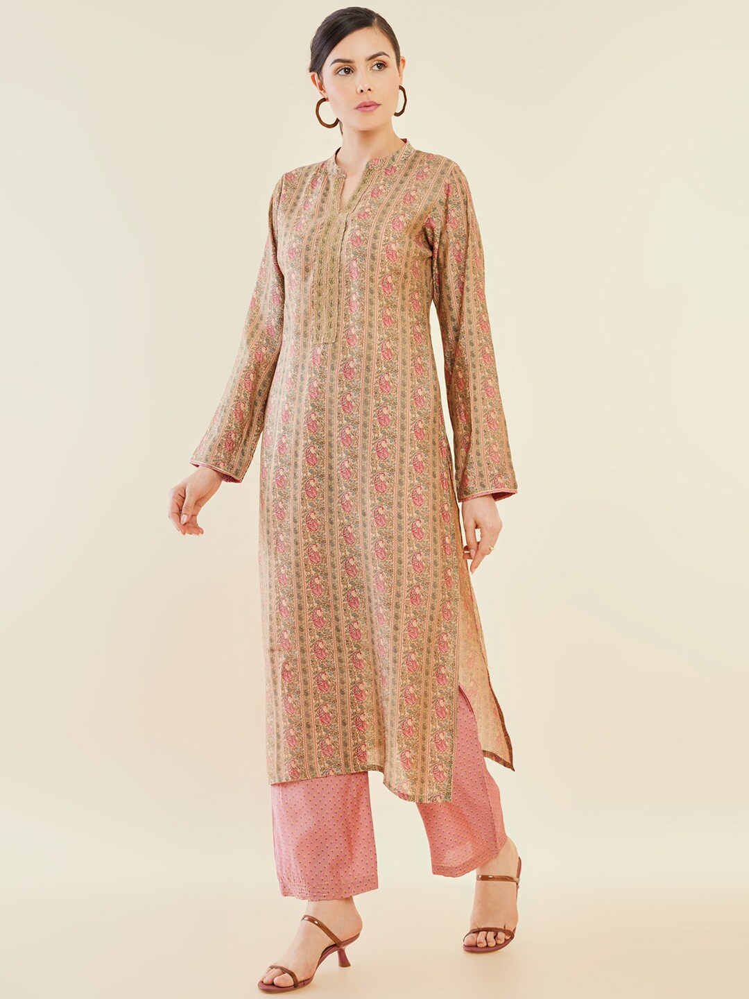 

Soch Beige Paisley Printed Regular Straight Kurta With Palazzos