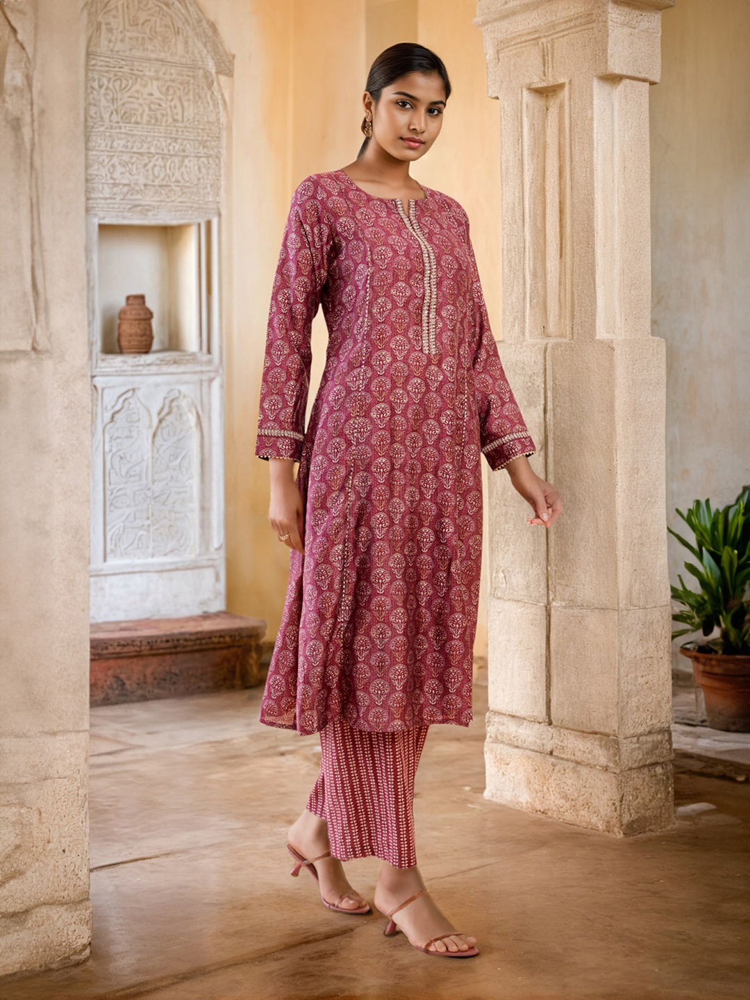 

Soch Purple Ethnic Motifs Printed Regular Gotta Patti A-Line Kurta With Palazzos