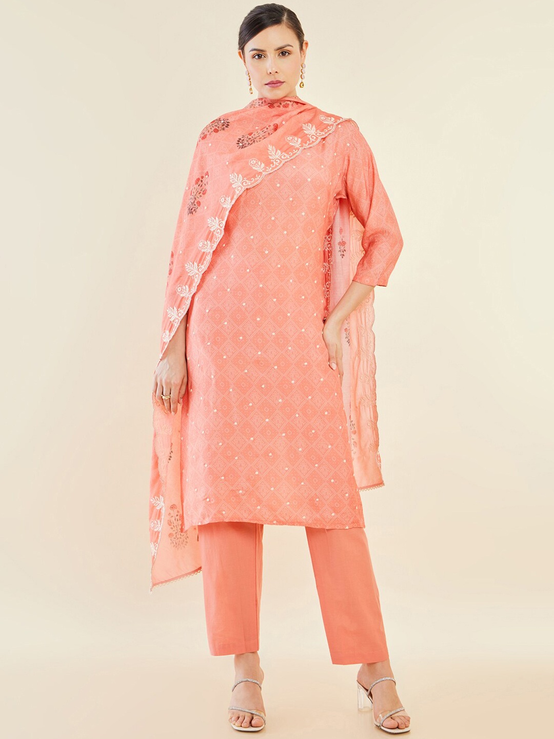 

Soch Peach-Coloured Bandhani Printed Straight Kurta & Trousers With Dupatta