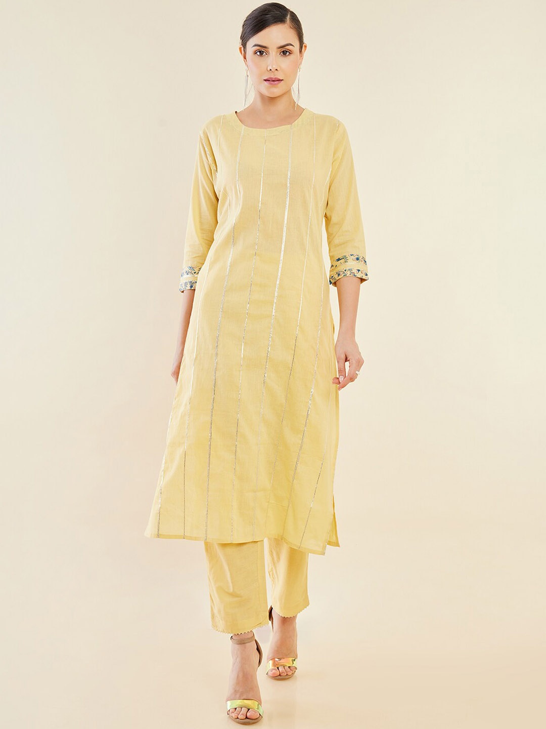 

Soch Women Yellow Embroidered Gotta Patti Pure Cotton Kurta With Trousers