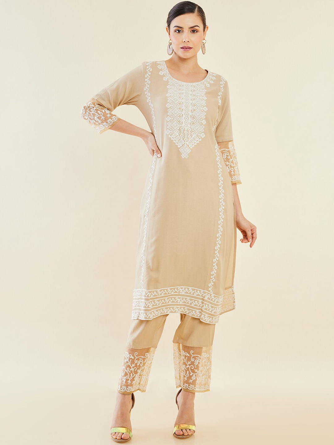 

Soch Beige Ethnic Motifs Embroidered Regular Straight Kurta With Trousers