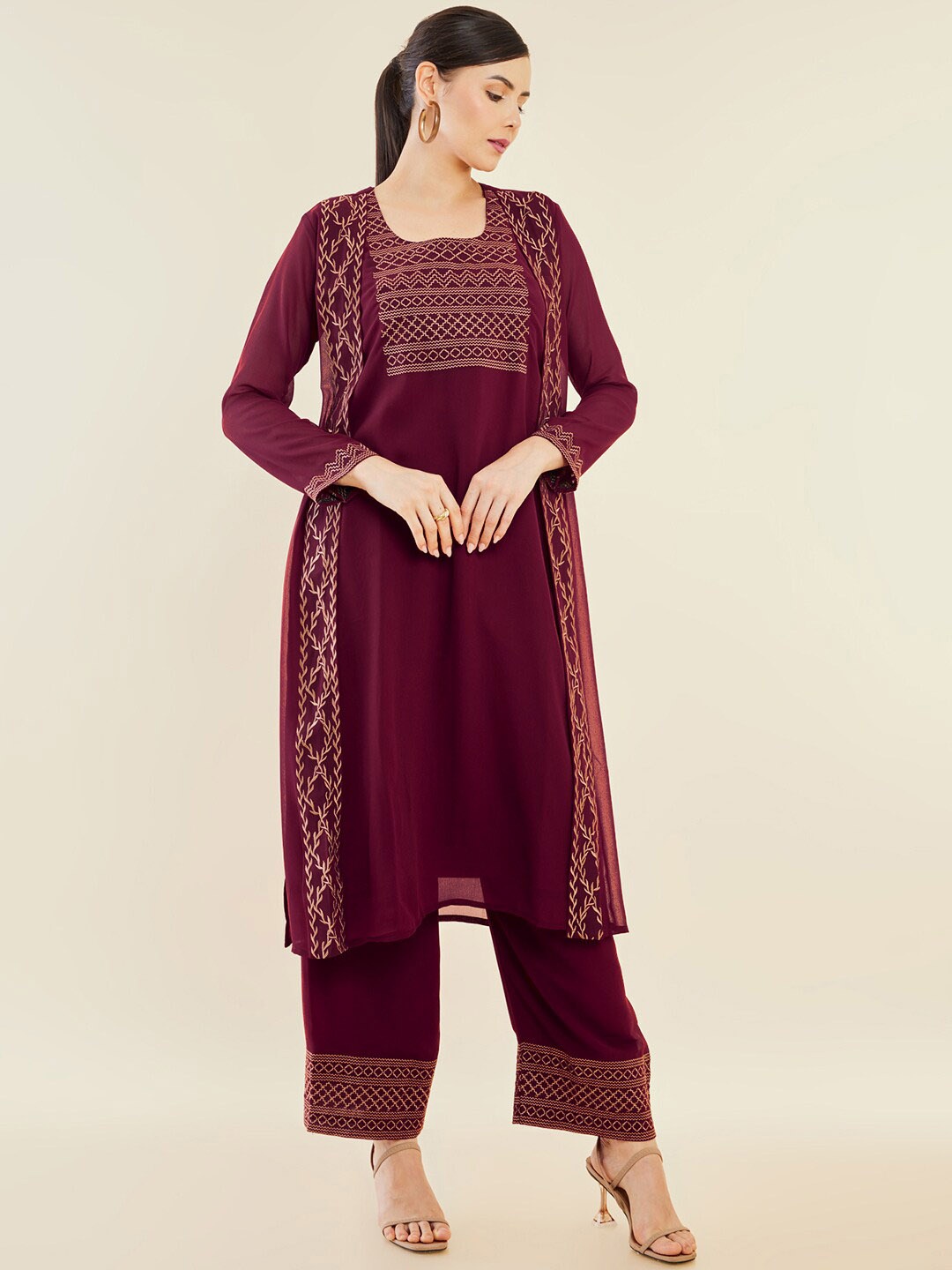 

Soch Maroon Ethnic Motifs Embroidered Layered Thread Work Straight Kurta With Palazzos