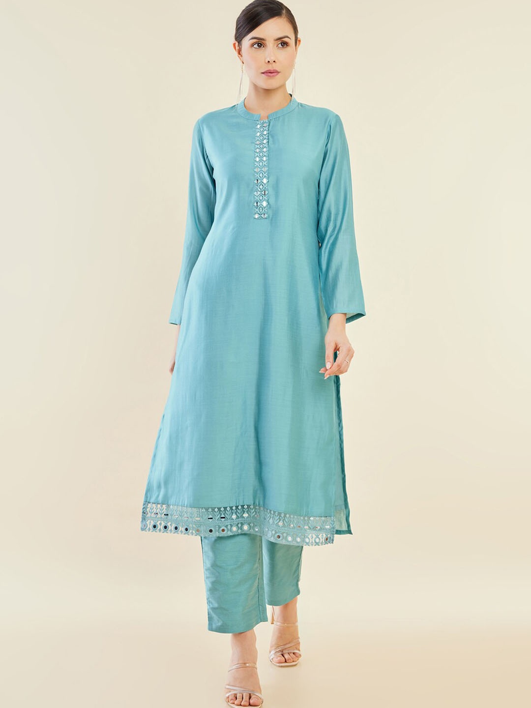 

Soch Women Turquoise Blue Embroidered Mirror Work Kurta With Trousers