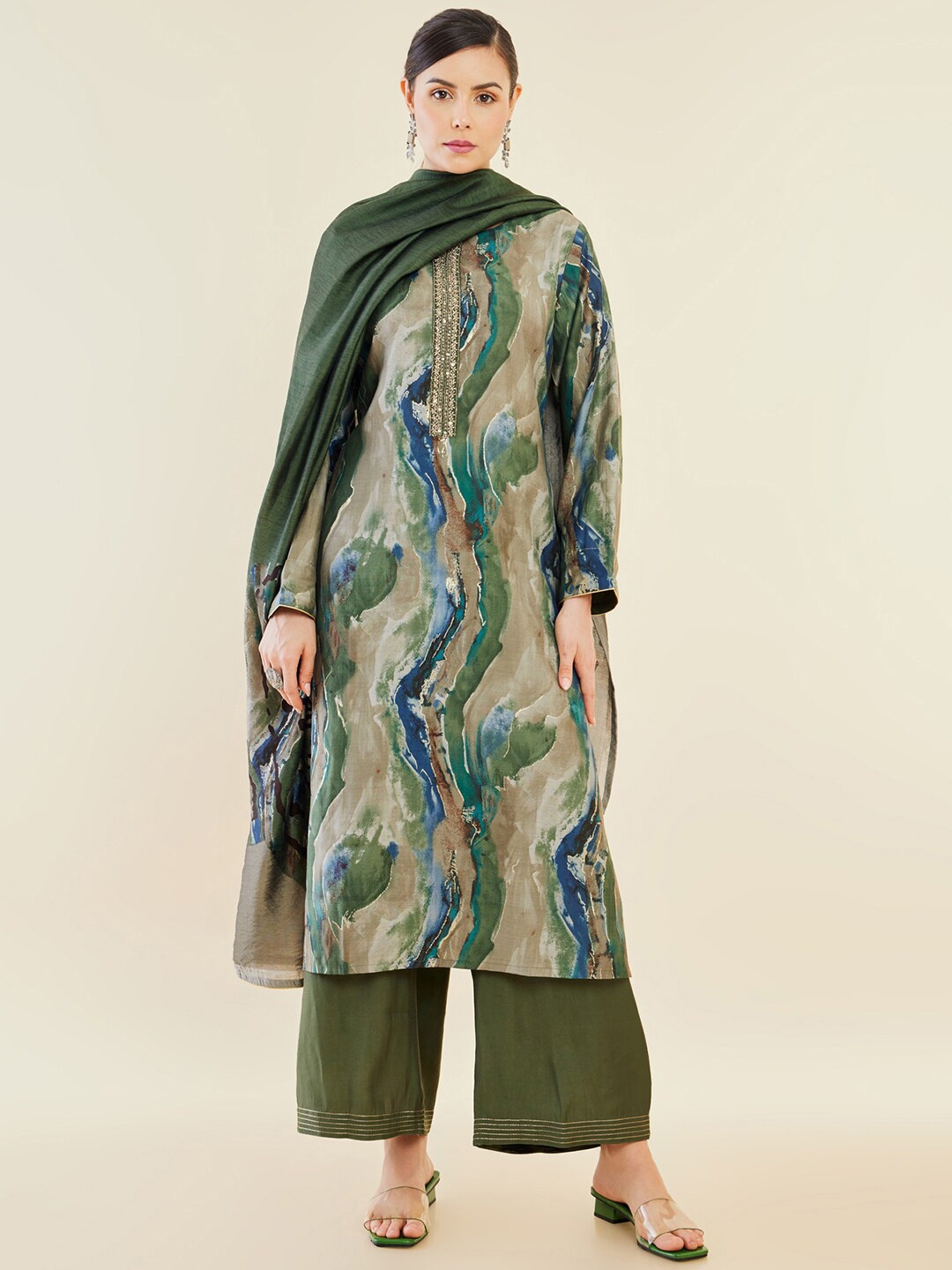 

Soch Green Abstract Printed Regular Straight Kurta & Palazzos With Dupatta