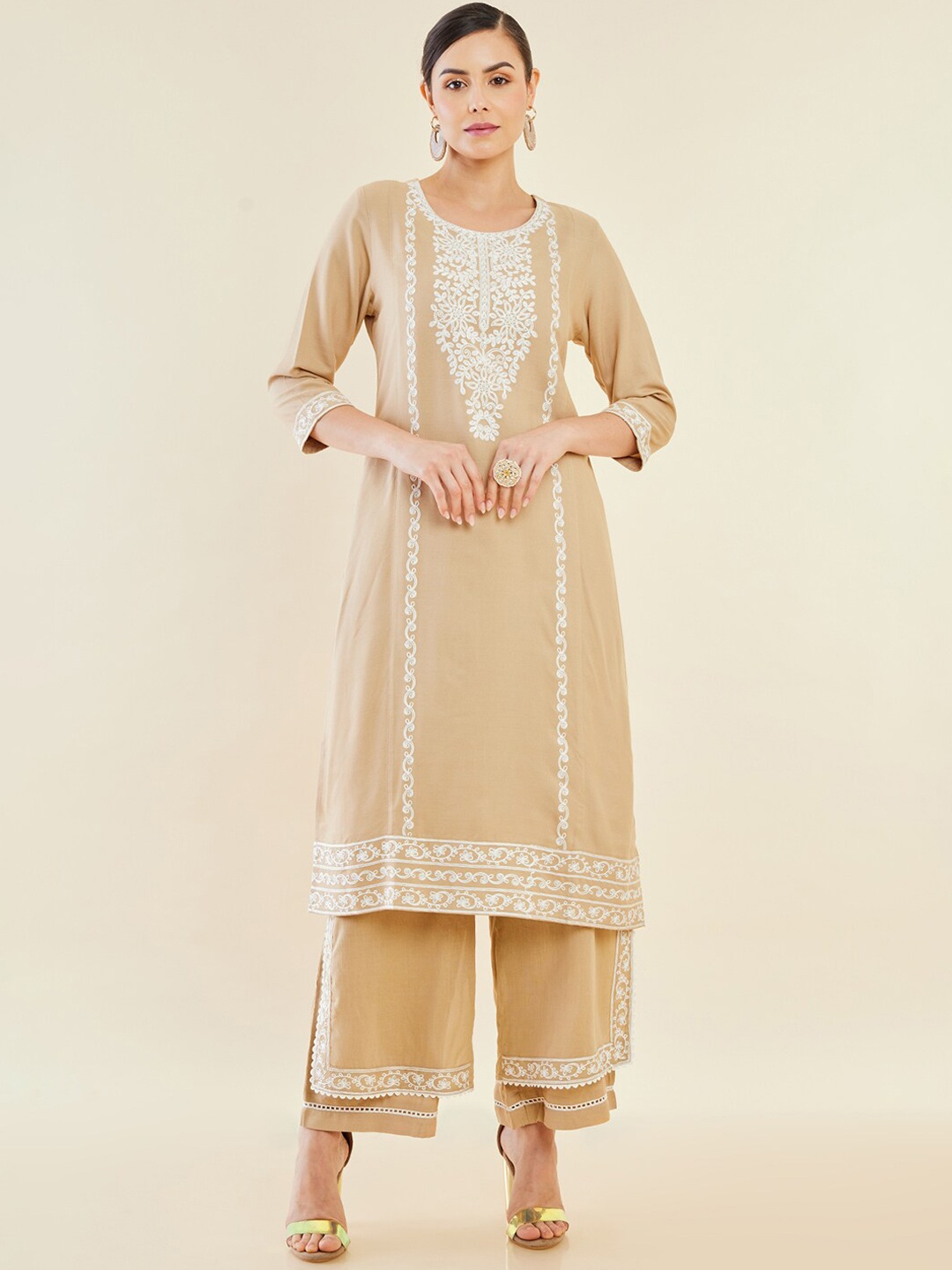 

Soch Beige Ethnic Motifs Embroidered Regular Straight Kurta With Palazzos