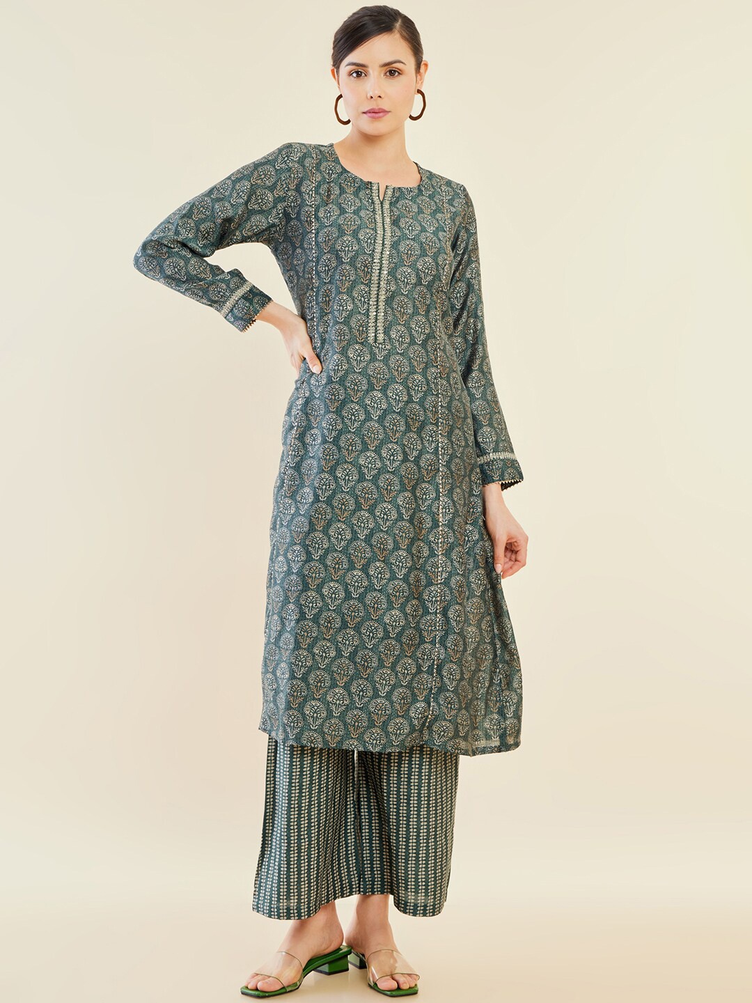 

Soch Green Ethnic Motifs Printed A-Line Gotta Patti A-Line Kurta With Palazzos