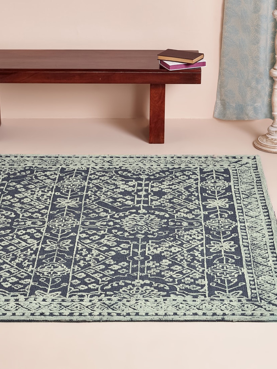 

Fabindia Navy Blue & White Ethnic Motifs Wool Blend Dhurrie