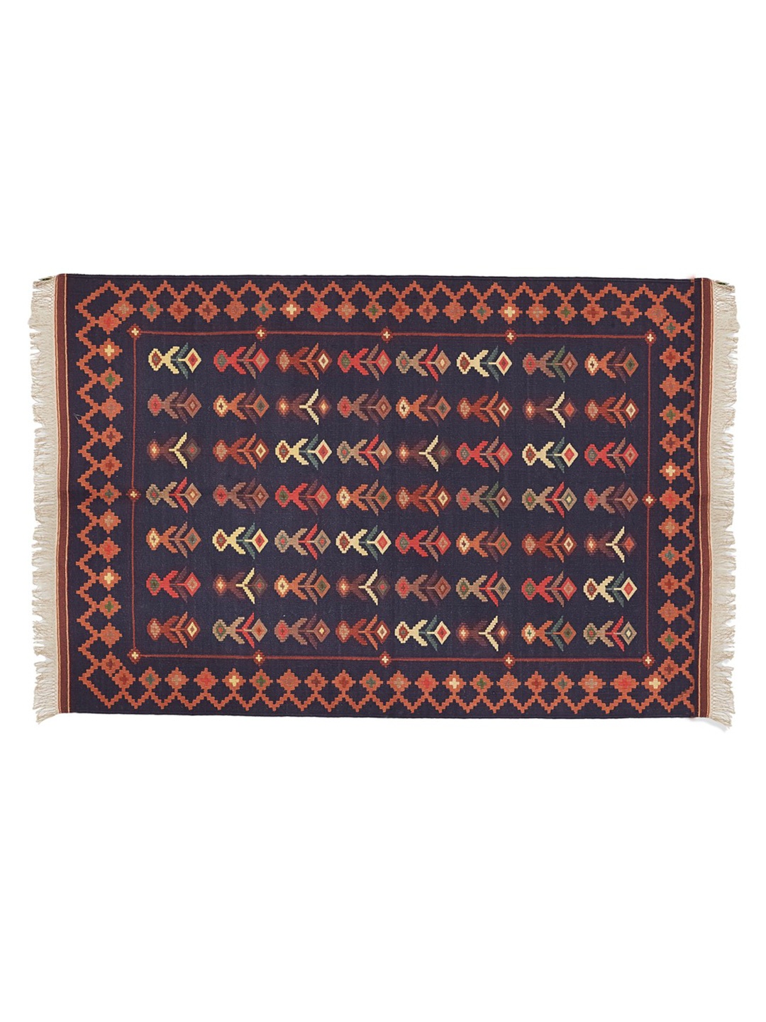 

Fabindia Navy Blue & Orange Ethnic Motifs Cotton Dhurrie