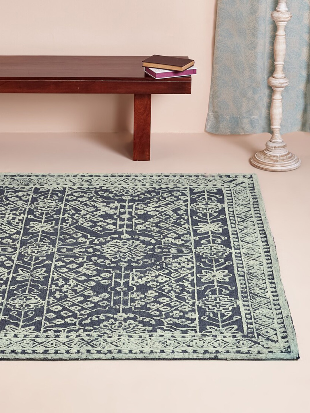 

Fabindia Navy Blue & Off White Ethnic Motifs Printed Wool Blend Dhurrie