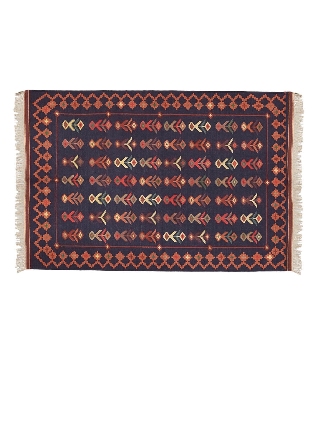 

Fabindia Navy Blue & Orange Ethnic Motifs Cotton Dhurrie
