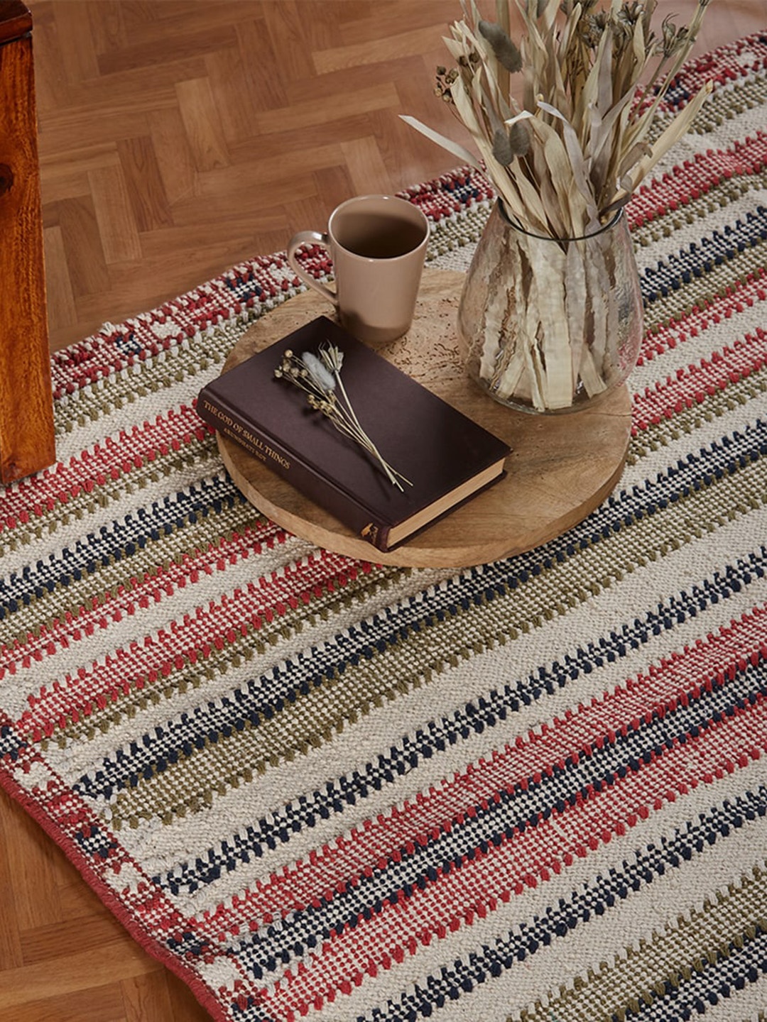 

Fabindia Gulika Pink & White Woven Cotton Rectangular Dhurrie