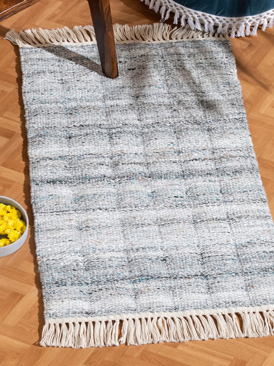 

Fabindia Blue & White Woven Design Parisa PET Rectangular Floor With Tassels