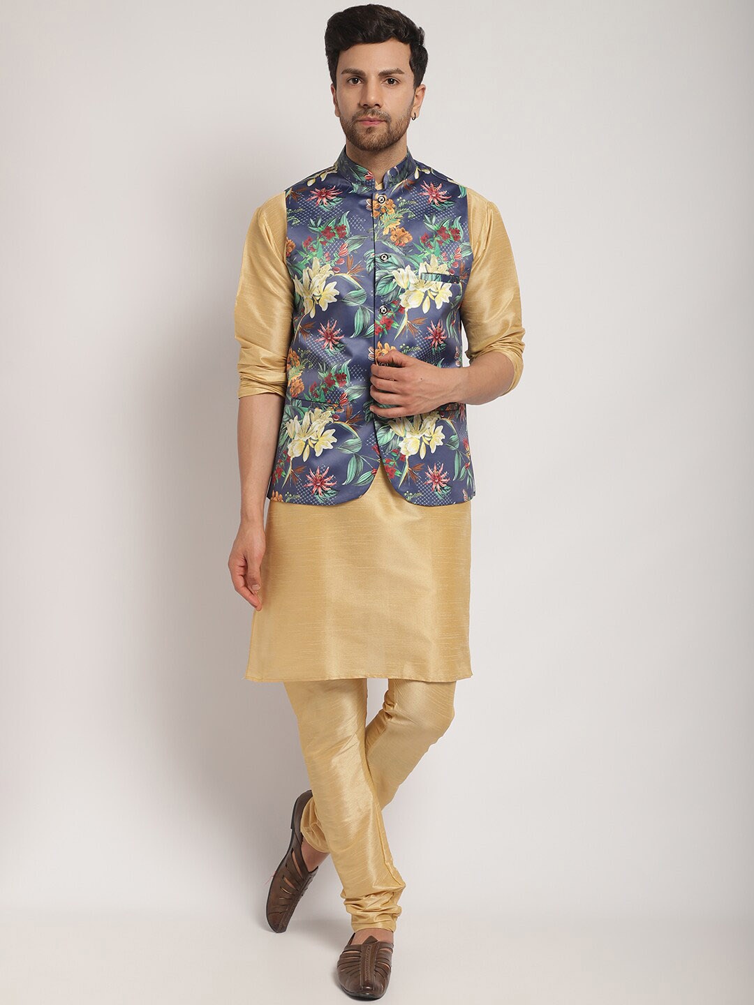 

Kaifoo Floral Printed Regular Kurta & Churidar With Nehru Jacket, Gold