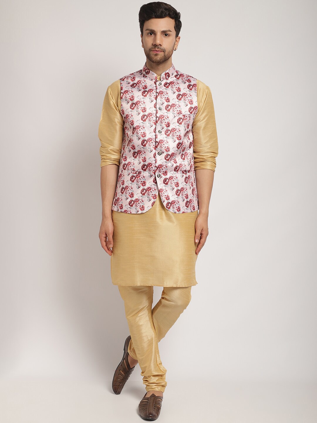 

Kaifoo Mandarin Collar Kurta with Churidar & Printed Nehru Jacket, Gold