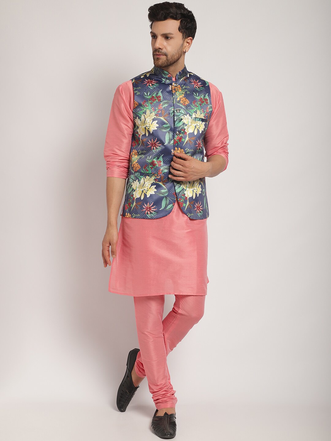 

Kaifoo Mandarin Collar Kurta with Churidar & Printed Nehru Jacket, Pink