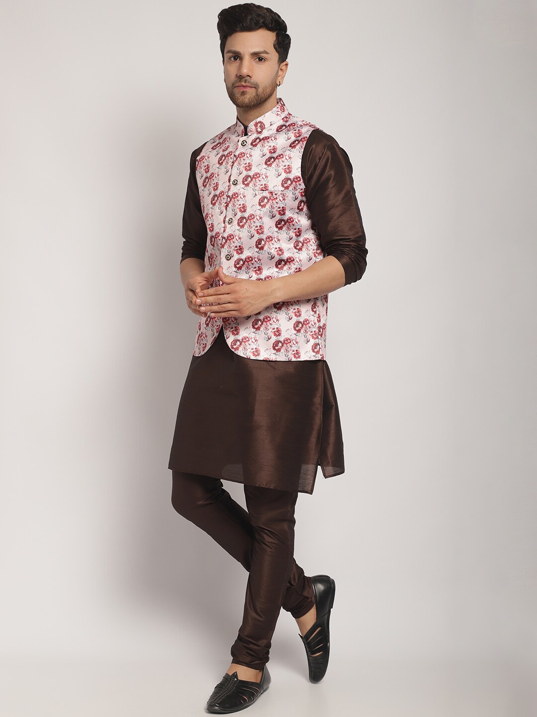 

Kaifoo Mandarin Collar Kurta with Churidar & Printed Nehru Jacket, Brown