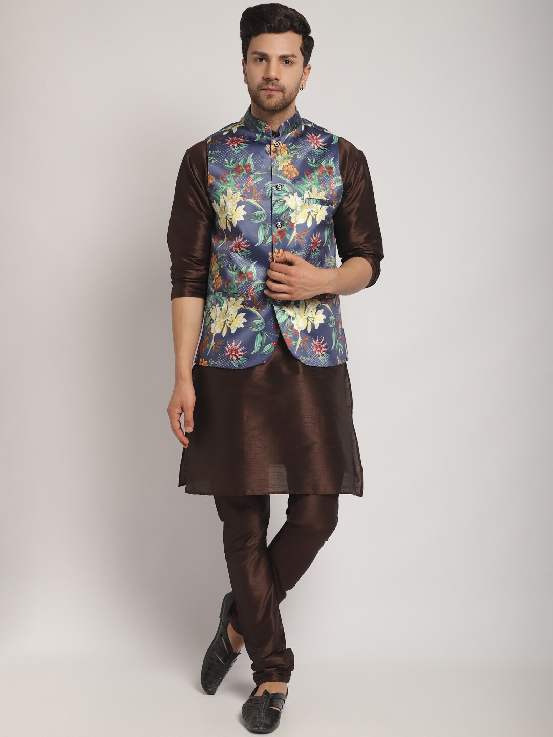 

Kaifoo Mandarin Collar Kurta with Churidar & Printed Nehru Jacket, Brown