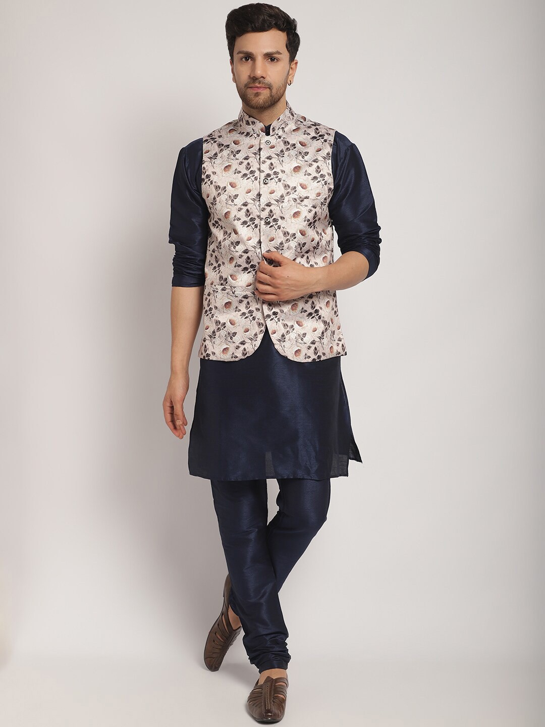 

Kaifoo Mandarin Collar Kurta with Churidar & Printed Nehru Jacket, Navy blue