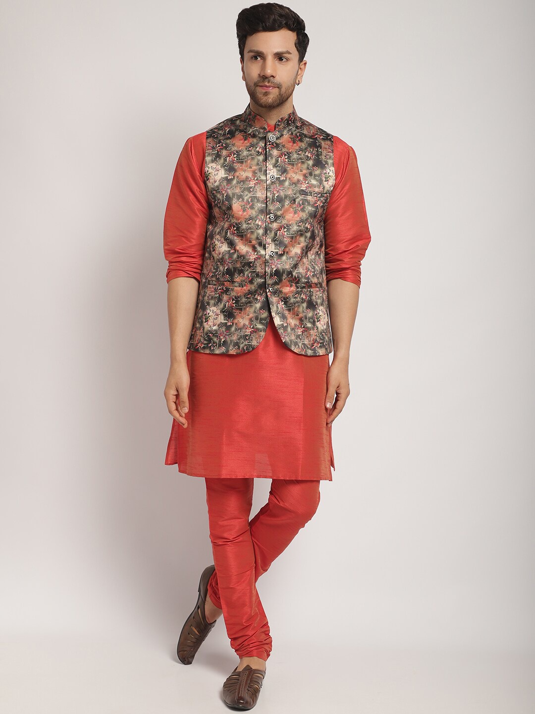 

Kaifoo Mandarin Collar Kurta with Churidar & Printed Nehru Jacket, Orange