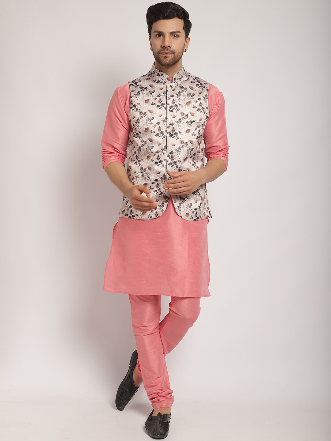 

Kaifoo Mandarin Collar Kurta with Churidar & Printed Nehru Jacket, Pink
