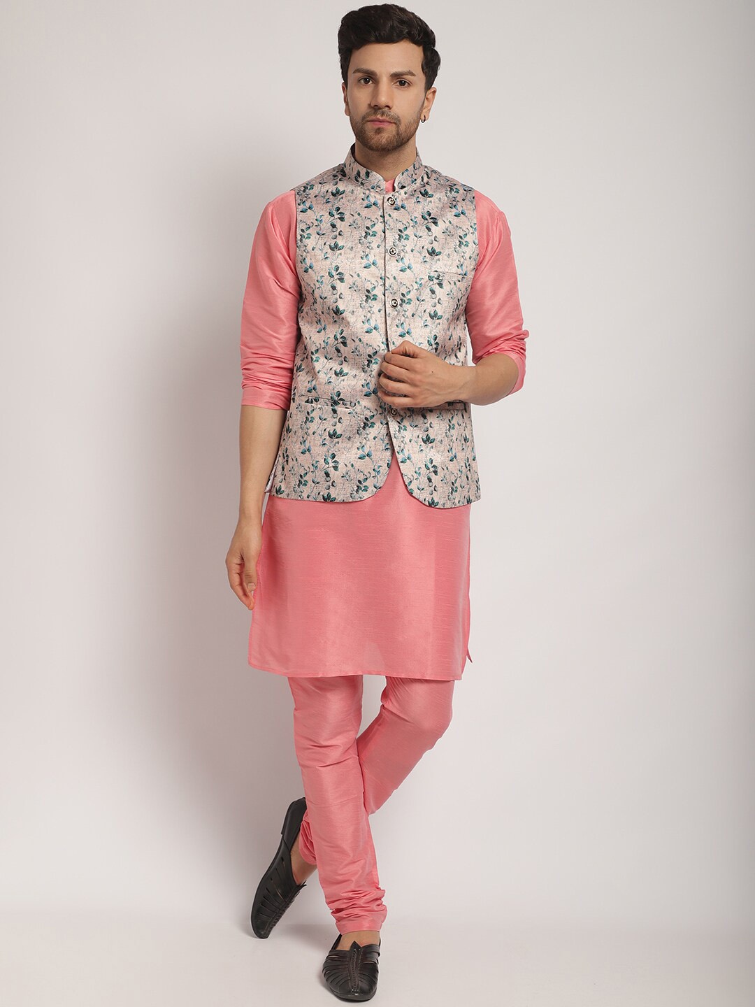 

Kaifoo Mandarin Collar Kurta with Churidar & Printed Nehru Jacket, Pink