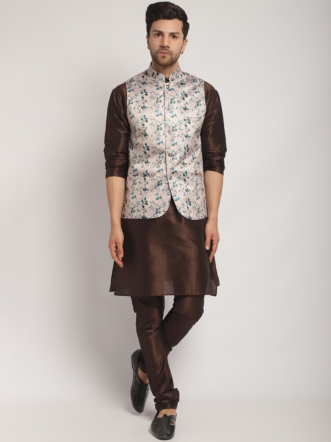 

Kaifoo Mandarin Collar Kurta with Churidar & Printed Nehru Jacket, Brown
