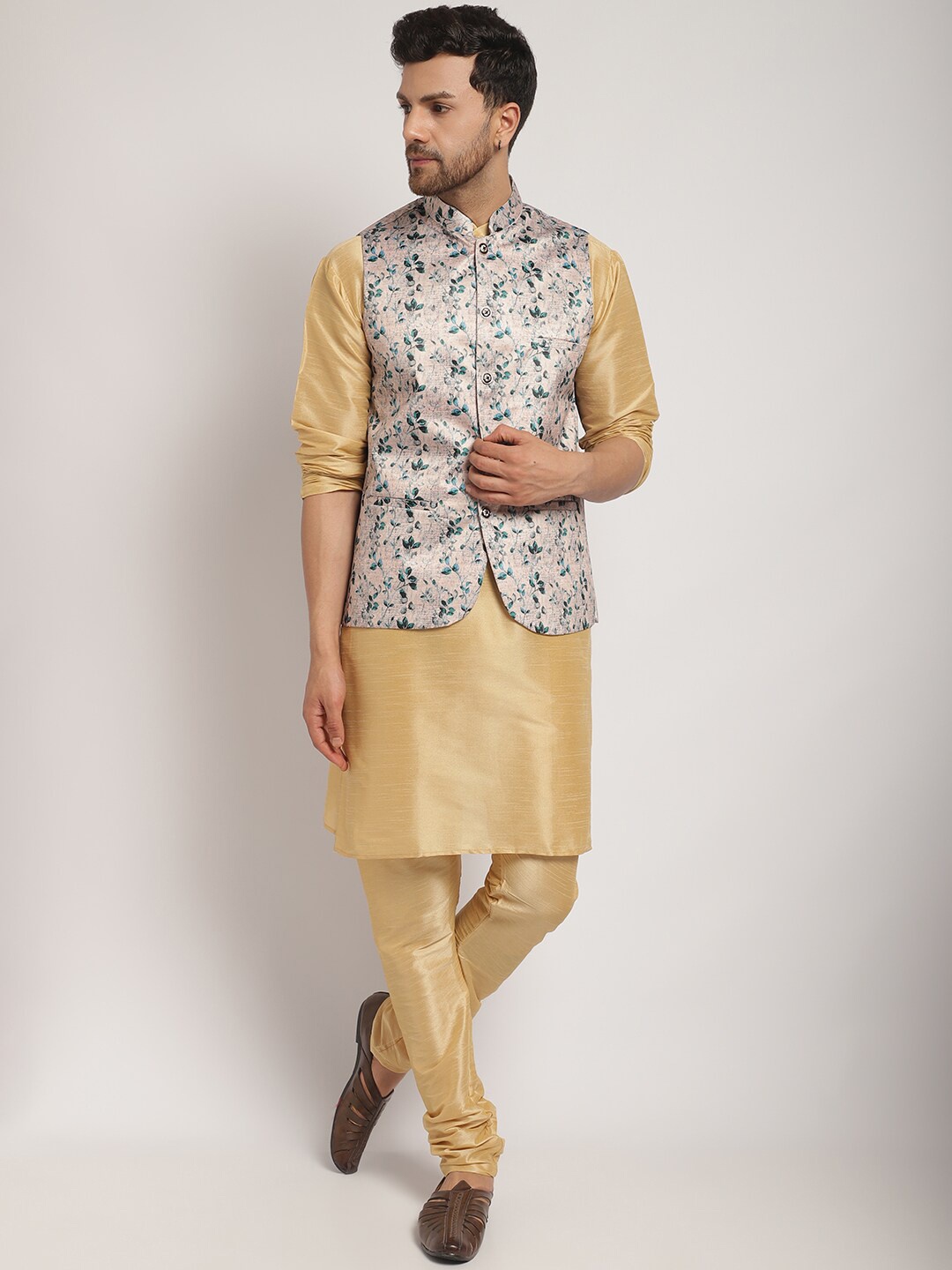 

Kaifoo Mandarin Collar Kurta with Churidar & Printed Nehru Jacket, Gold