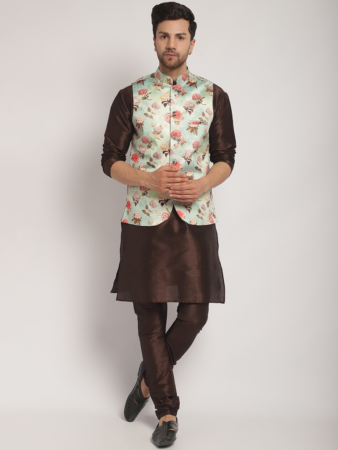 

Kaifoo Mandarin Collar Kurta with Churidar & Nehru Jacket, Brown