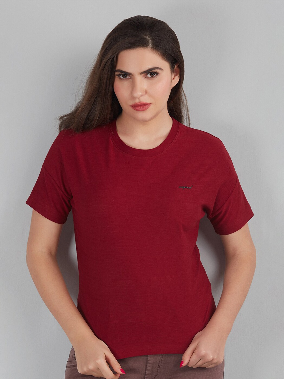 

CUPID Round Neck Drop-Shoulder Cotton T-shirt, Maroon