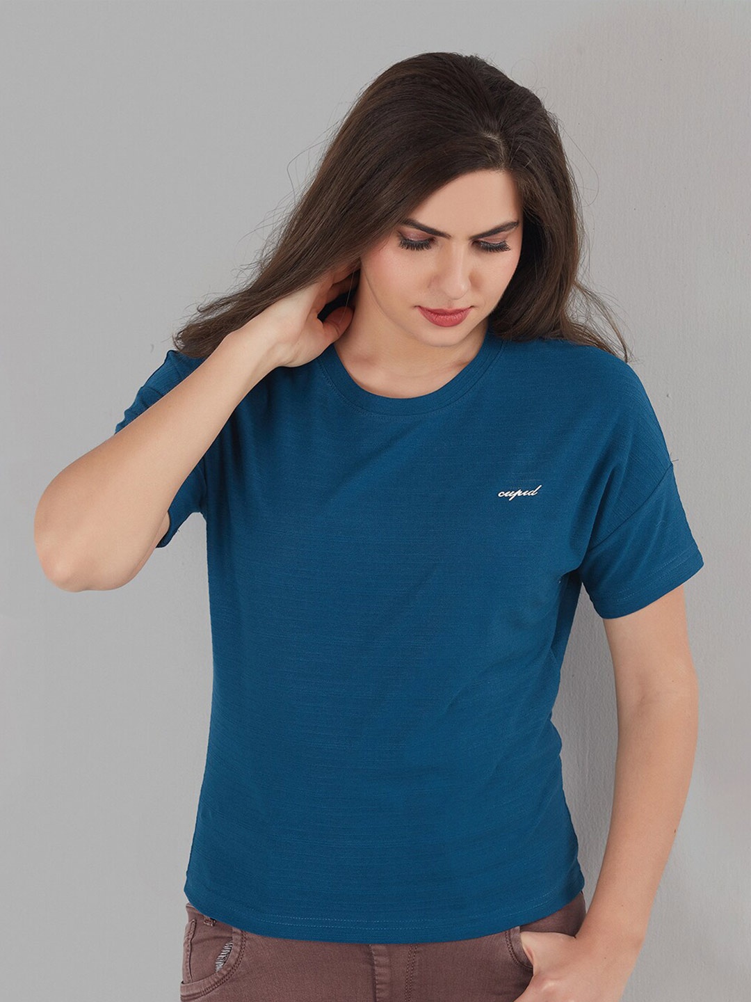 

CUPID Round Neck Drop-Shoulder Cotton T-shirt, Blue