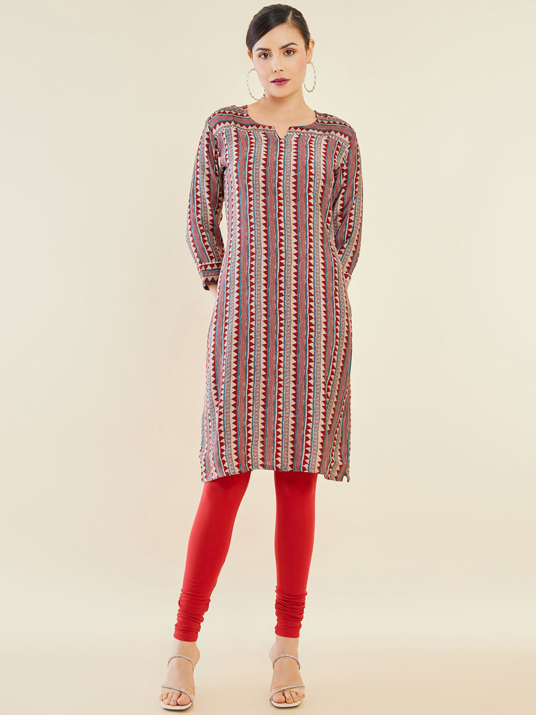 

Soch Red & Beige Printed Gotta Patti Kurta