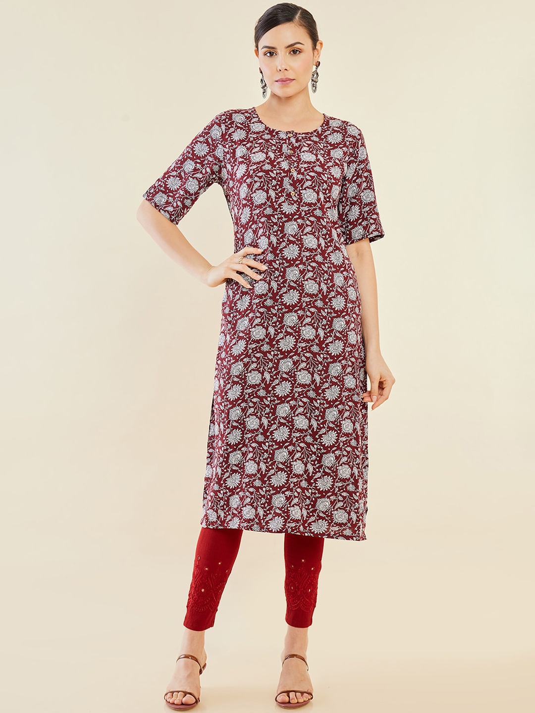 

Soch Maroon & White Floral Printed Round Neck Kurta