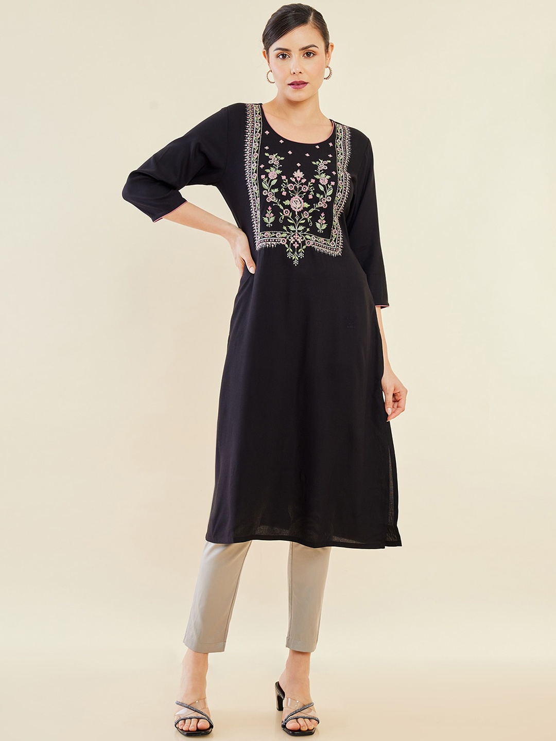 

Soch Black & Pink Floral Embroidered Kurta
