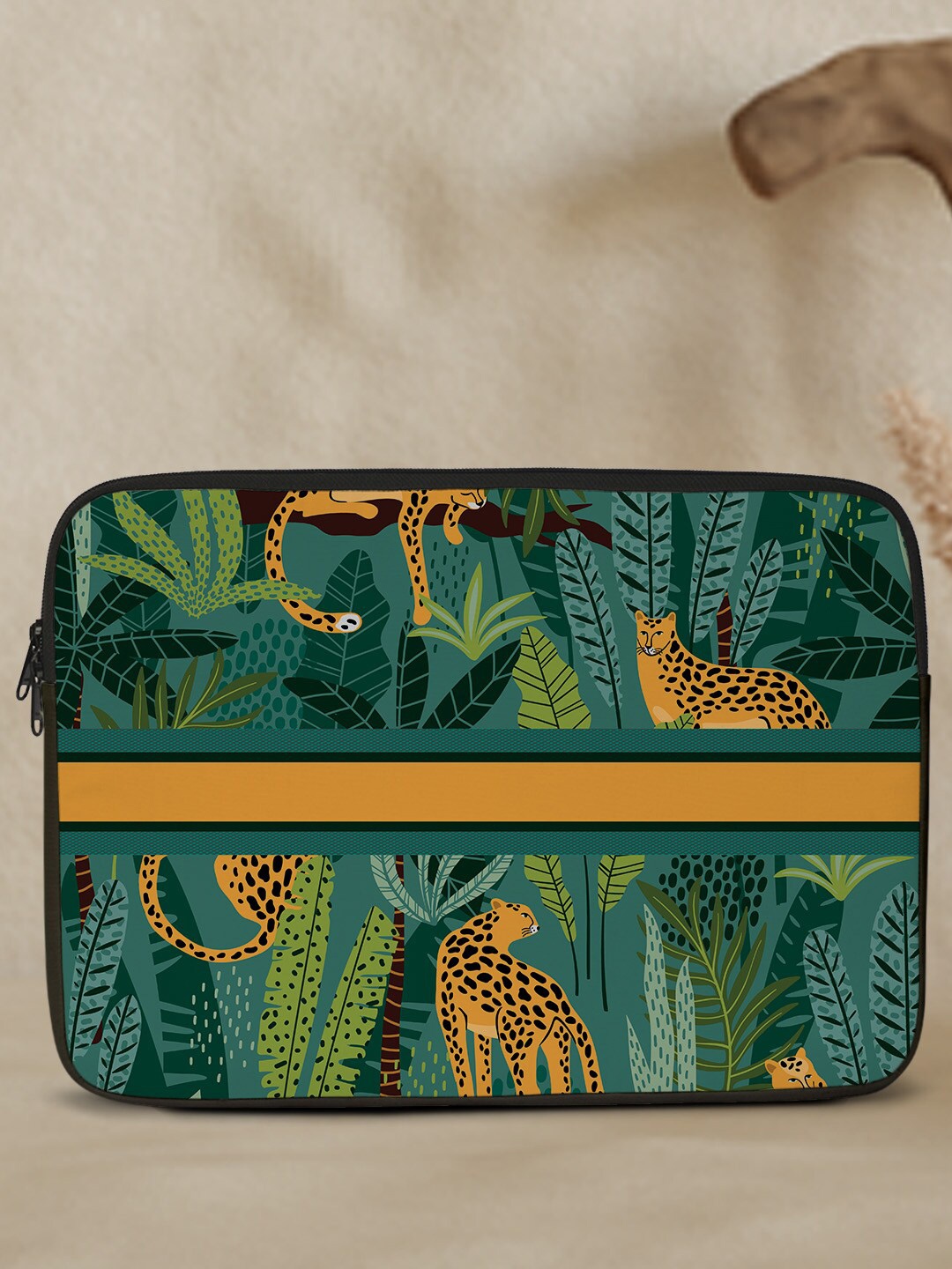 

Crazy Corner Leaopard Printed Canvas Laptop Sleeve, Green
