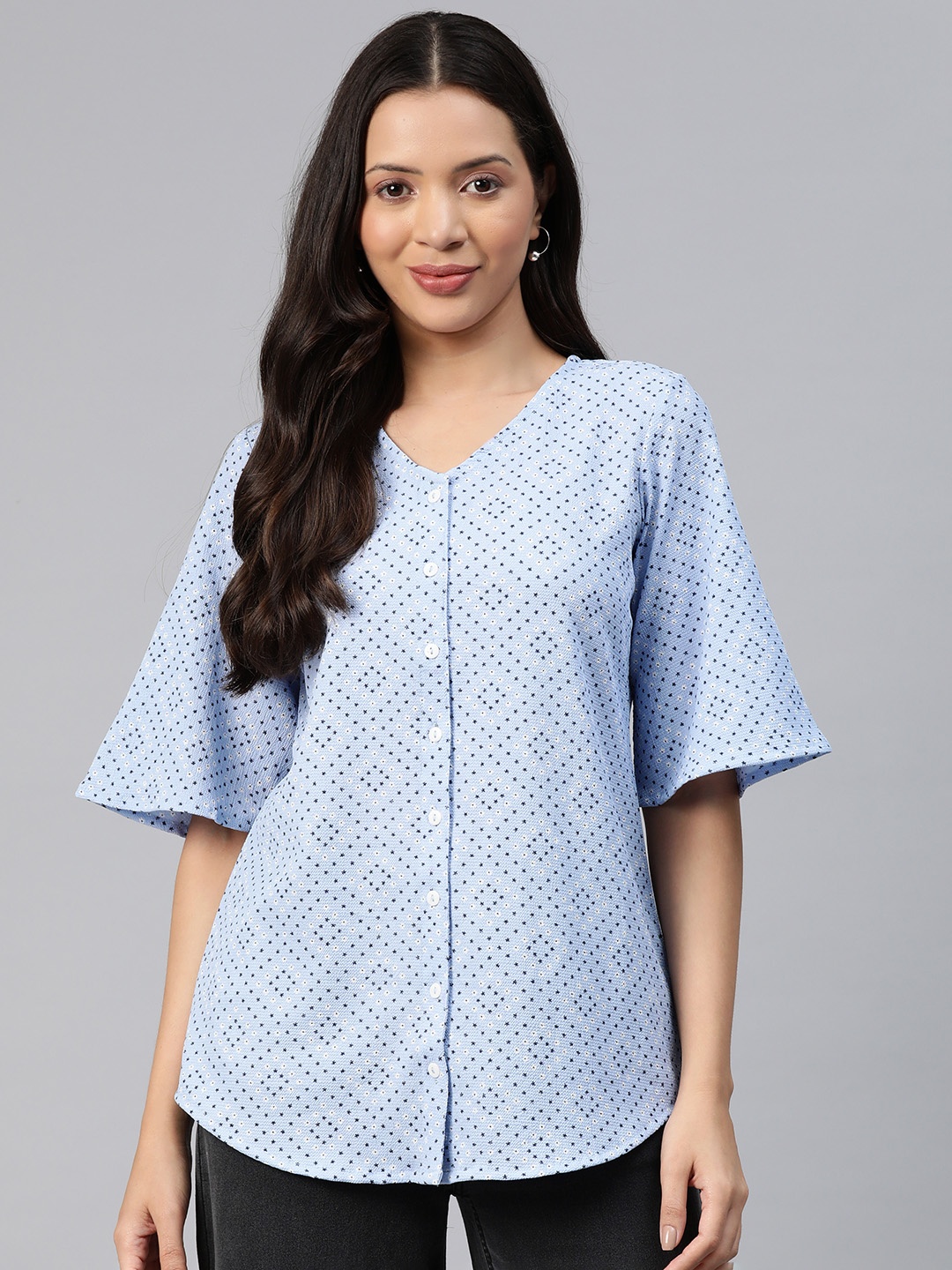 

Ayaany Printed Flared Sleeves Cotton Longline Top, Blue