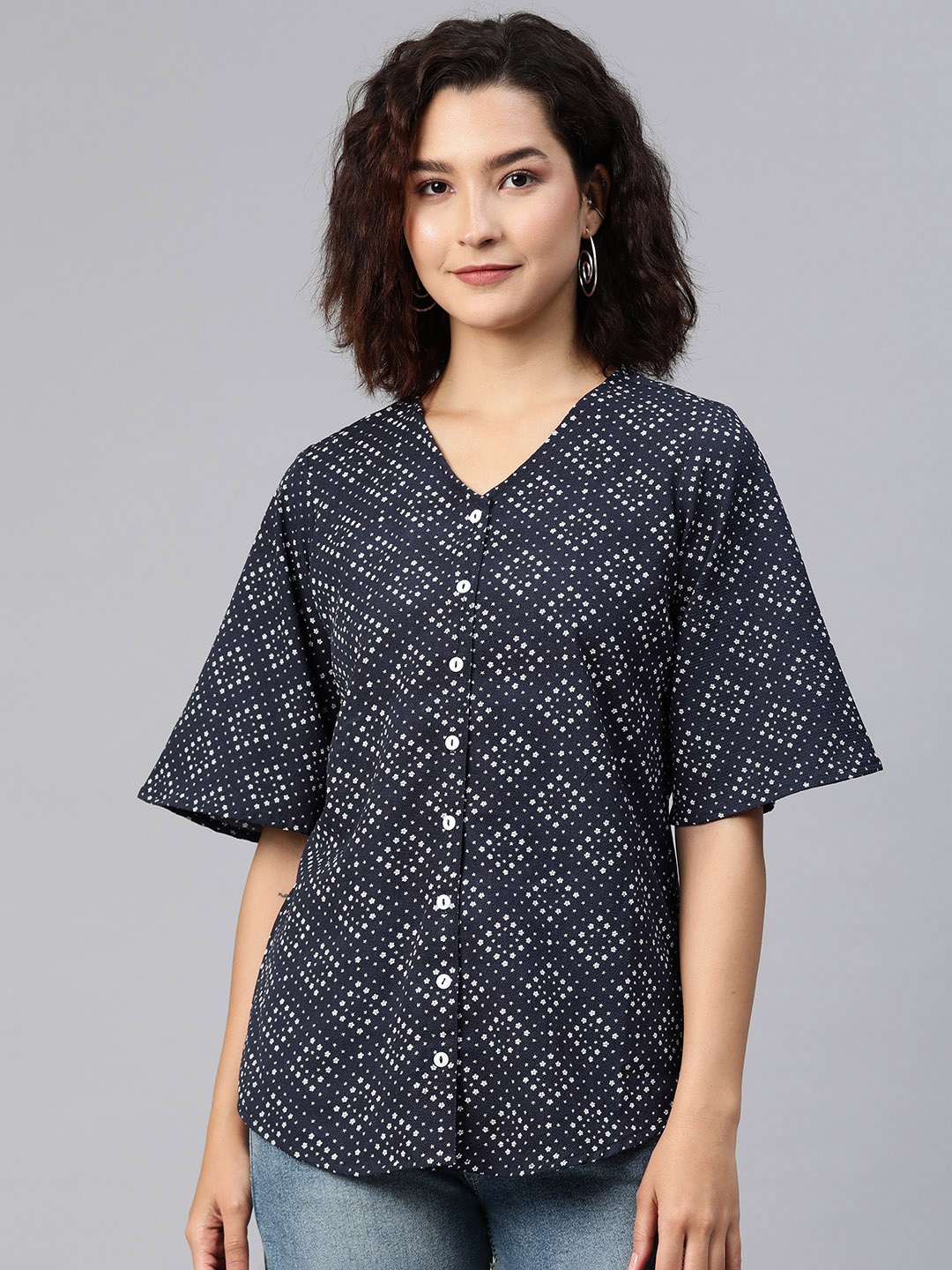 

Ayaany Printed Flared Sleeves Cotton Longline Top, Navy blue