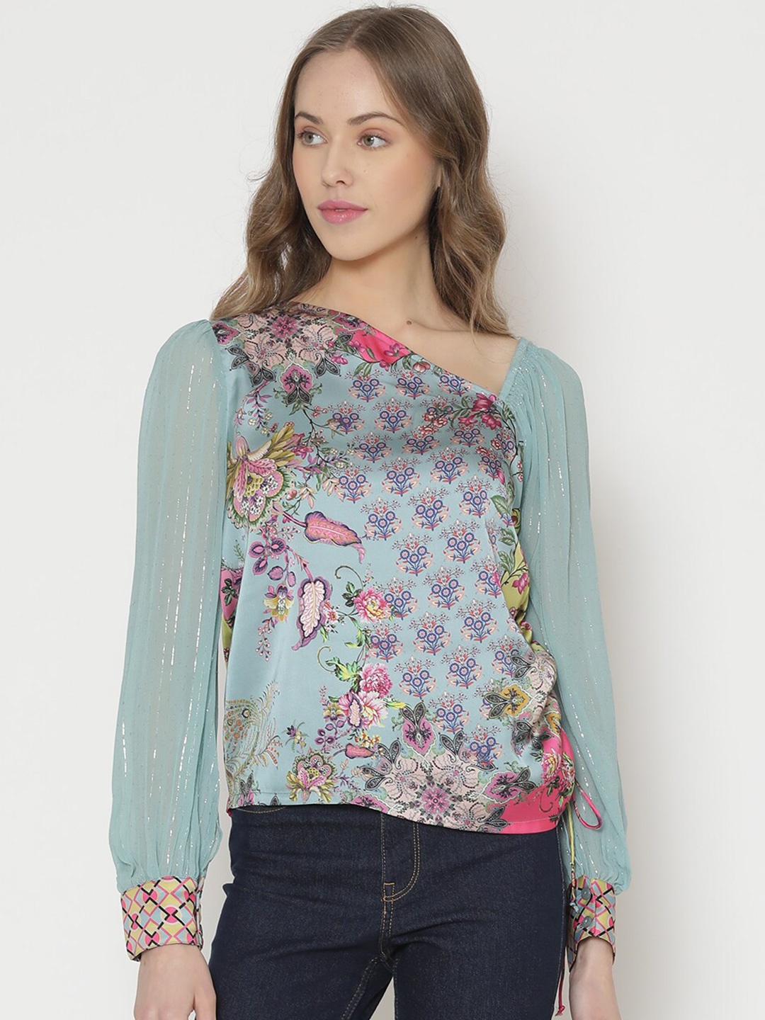 

SHAYE Green Floral Printed One Shoulder Puffed Sleeves Top