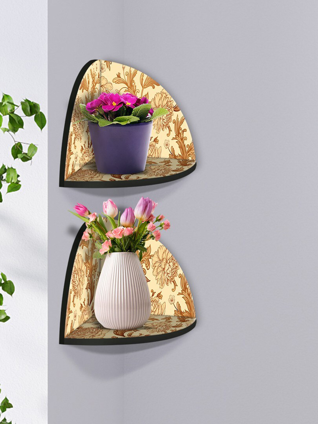 

999Store Beige & Brown 2 Pieces MDF Corner Wall Shelf