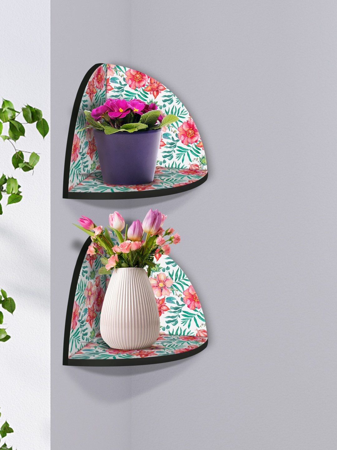 

999Store White & Pink 2 Pieces Flower & Leaf Modern Art MDF Corner Wall Shelf
