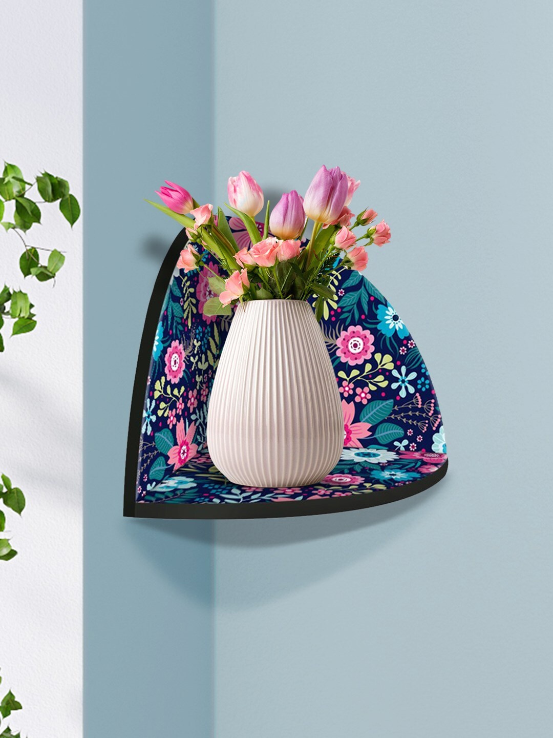 

999Store Navy Blue & Pink Flower and Leaves Design Modern Art MDF Corner Wall Shelf