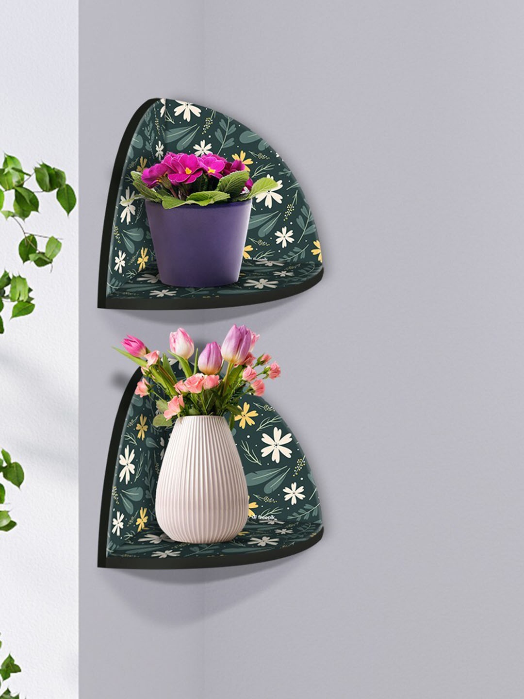 

999Store Green & White 2 Pieces MDF Corner Wall Shelf