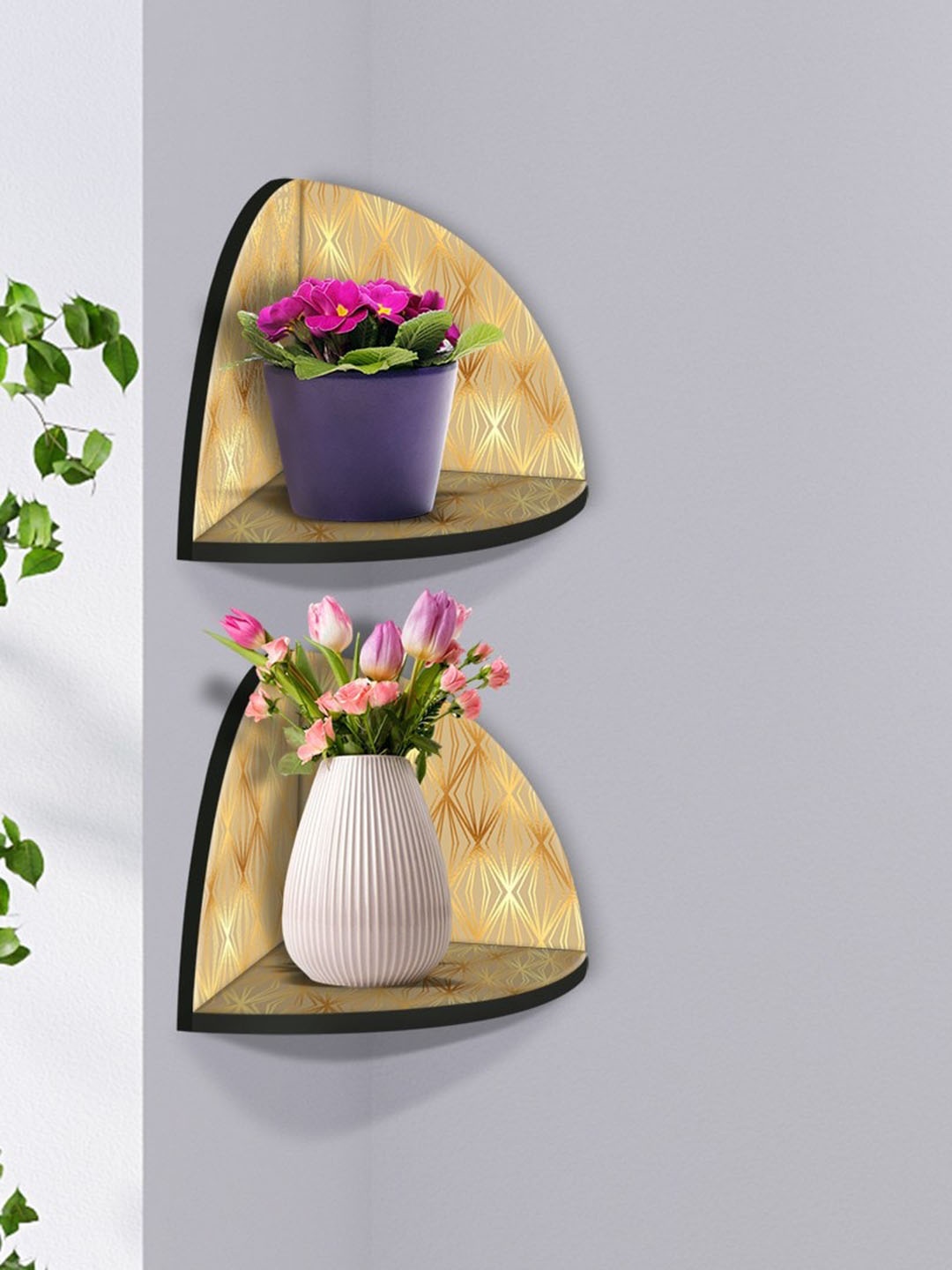 

999Store Beige & Black 2 Pieces Modern Art MDF Corner Wall Shelf