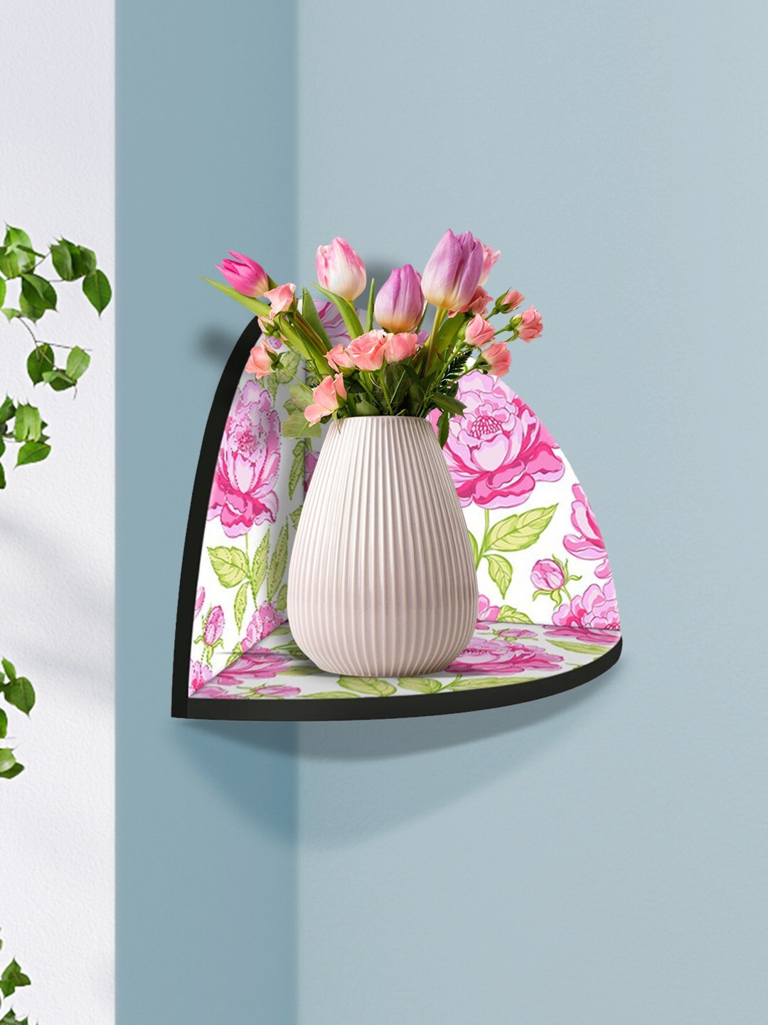 

999Store Pink & Green Rose With Leaves Modern Art MDF Corner Wall Shelf