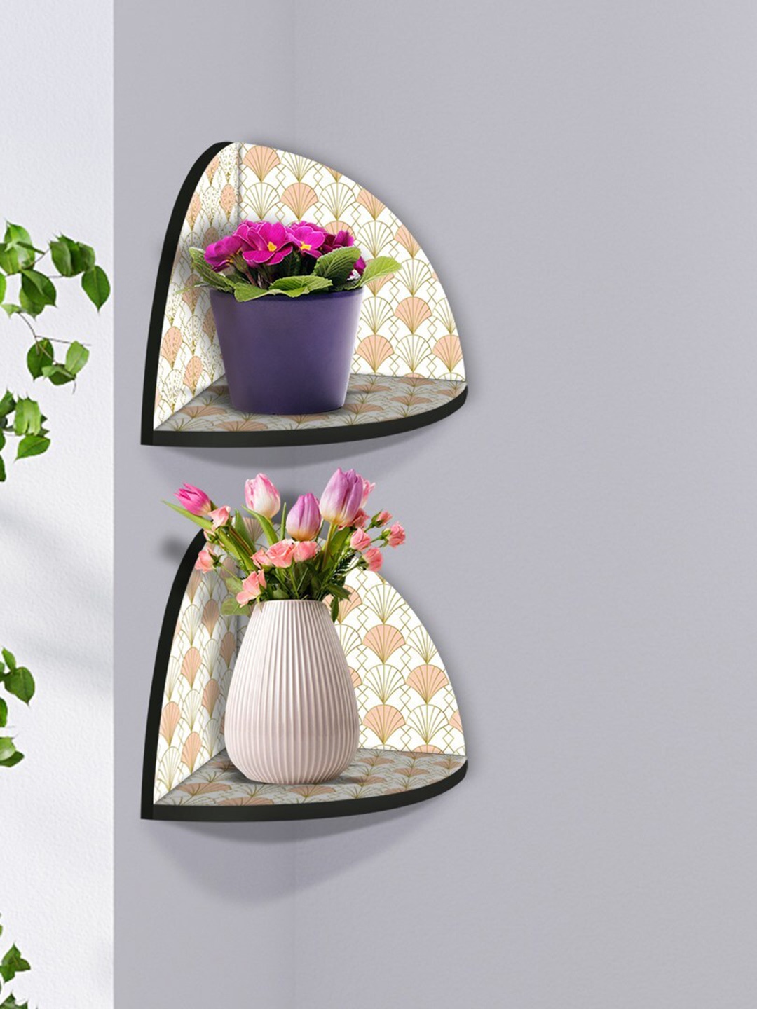 

999Store White & Peach-Coloured 2 Pieces MDF Corner Wall Shelf