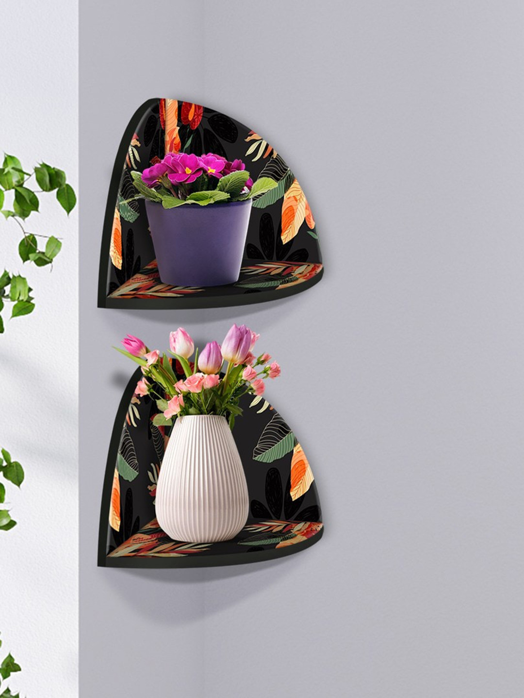 

999Store Black & Red 2 Pieces Leaf Modern Art MDF Corner Wall Shelf