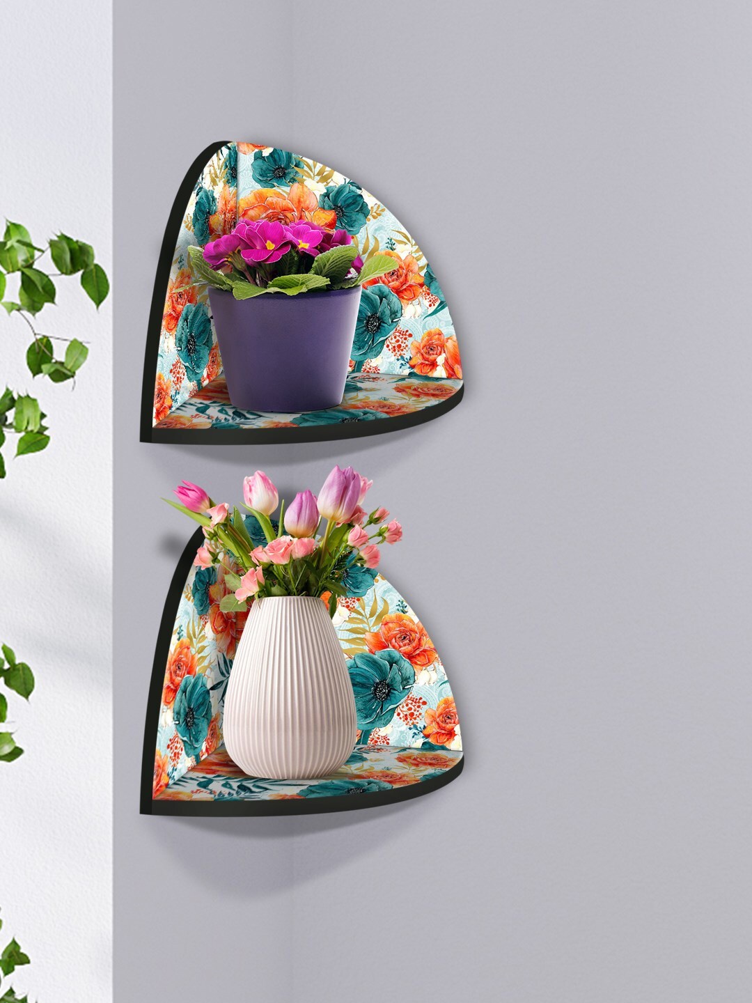 

999Store Red & Teal 2 Pieces Leaf And Flower Modern Art MDF Corner Wall Shelf