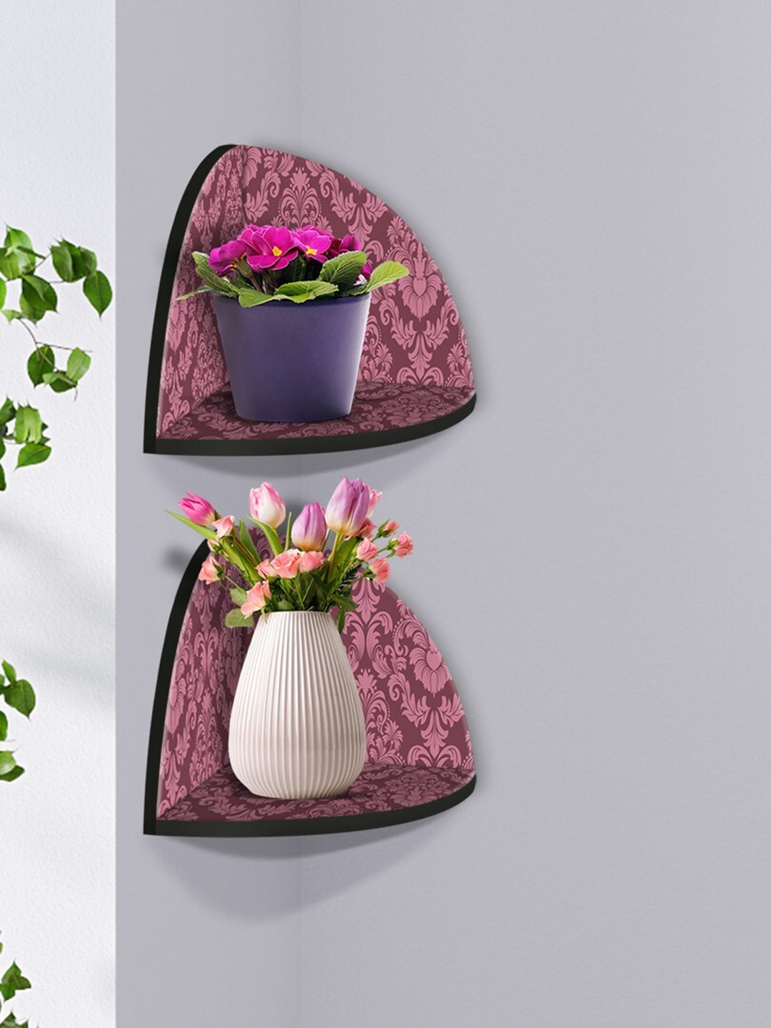 

999Store Burgundy & Pink 2 Pieces Flower Design Modern Art MDF Corner Wall Shelf