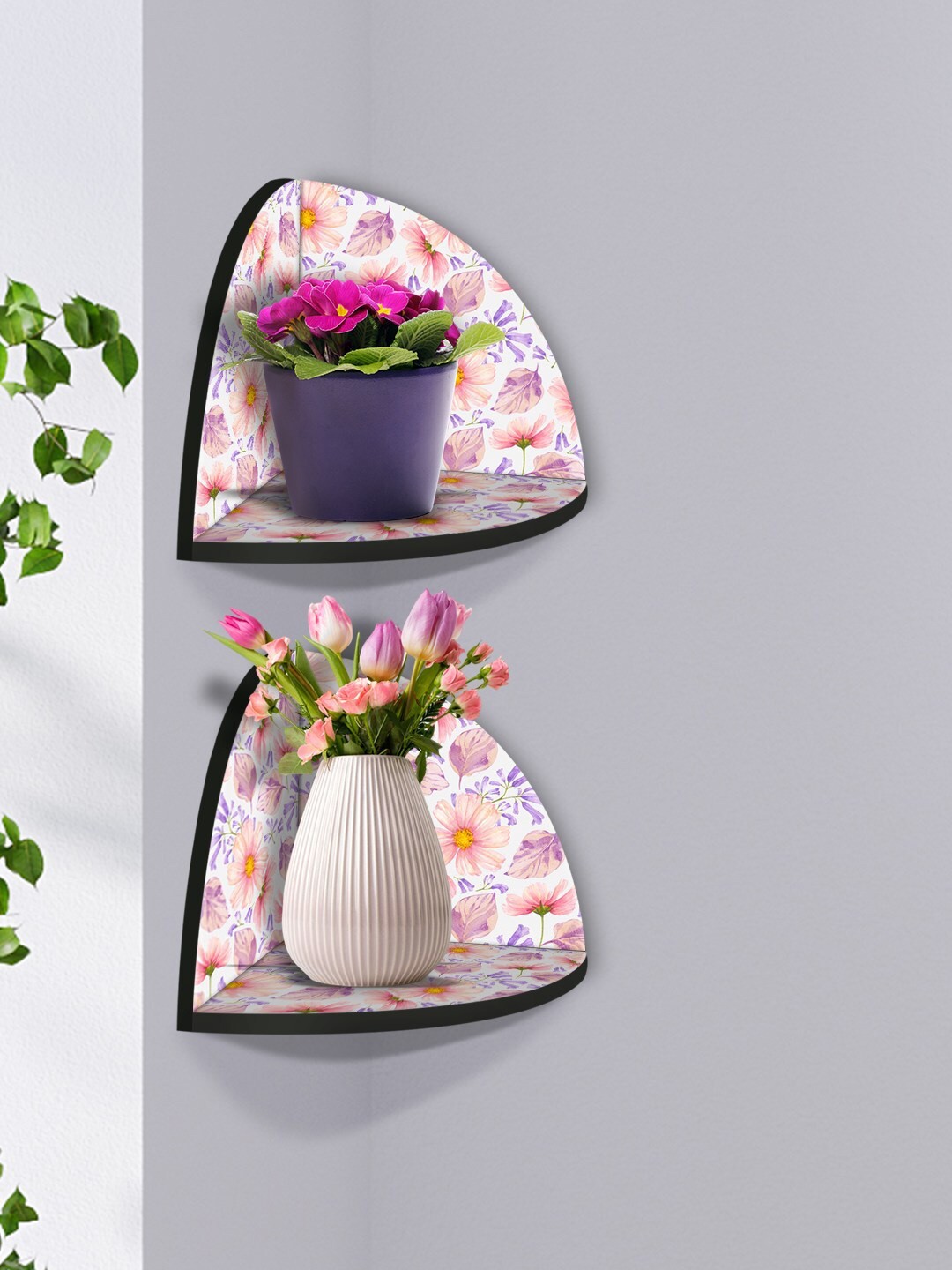 

999Store White & Pink 2 Pieces Flower MDF Corner Wall Shelf