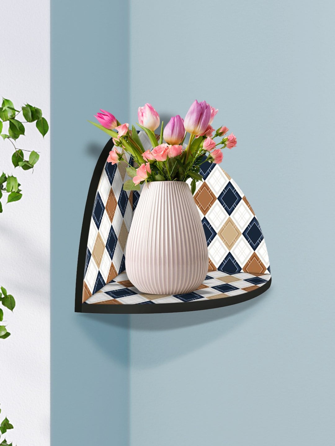

999Store White & Blue Triangle Printed MDF Corner Wall Shelf